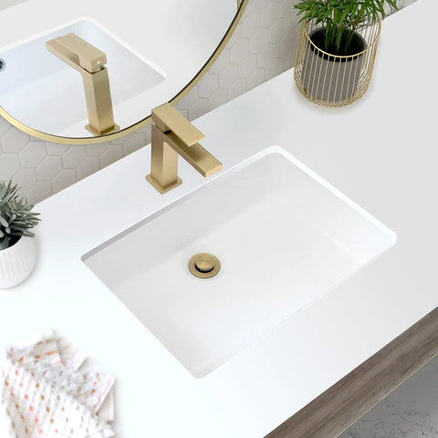 Rectangular Porcelain Undermount Bathroom Sink, 20.38 By 14.25 Inches, Sleek Shiny Finish, Stain Resistant, Chrome Overflow, Model P-209H