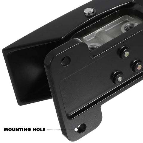 Close-up of mounting hole on Five Way Three Position Center Closed Pneumatic Foot Pedal Valve With Leak Proof Zinc Alloy Body, black finish.