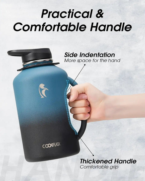 Half Gallon Insulated Water Jug With Comfy Grip Handle Keeps Your Drinks Ice Cold All Day Long No Fuss Carry Design shown being held to highlight the ergonomic handle.