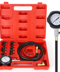 Front view of oil pressure tester kit with gauge, hose and brass adapters in a red carrying case.