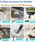 Hella Strong Handheld Steam Cleaner With 12 Nifty Tips For Banishing Stubborn Stains On Auto Upholstery Tile Floors And Fabric Couches In Sharp Deep Gray Body That Crushes Dirt Quick accessory set with various cleaning nozzles.