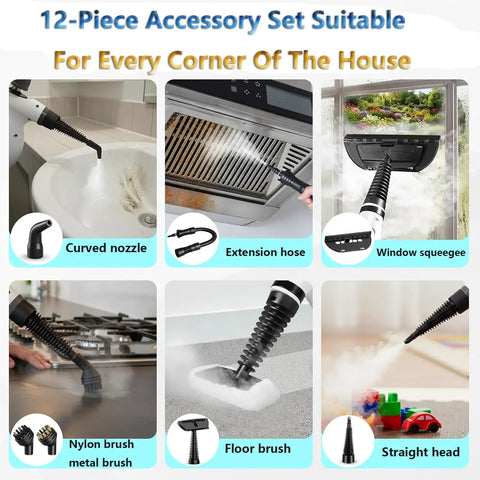 Hella Strong Handheld Steam Cleaner With 12 Nifty Tips For Banishing Stubborn Stains On Auto Upholstery Tile Floors And Fabric Couches In Sharp Deep Gray Body That Crushes Dirt Quick accessory set with various cleaning nozzles.