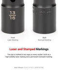 Front and back view of flip socket showing laser and stamped markings for Half Inch Drive Deep Thin Wall Impact Flip Socket Set Six Piece.