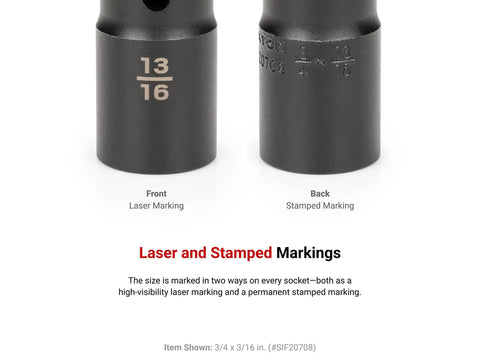 Front and back view of flip socket showing laser and stamped markings for Half Inch Drive Deep Thin Wall Impact Flip Socket Set Six Piece.
