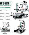 Drop Dead Solid 1500W Belt Grinder Sander 2X72 Variable Speed Floor Machine specifications graphic showing dimensions and features.