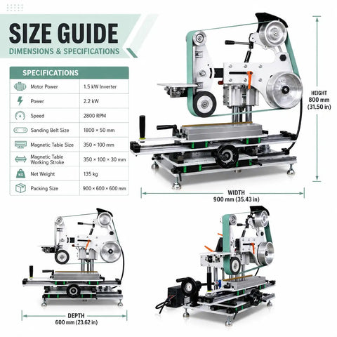 Drop Dead Solid 1500W Belt Grinder Sander 2X72 Variable Speed Floor Machine specifications graphic showing dimensions and features.