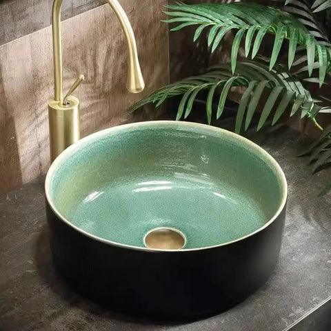 UMJIGF Vessel Sink Small Apartment Ceramic Household Balcony Basin Basin Single Basin Retro Above Counter Basin in green and black.