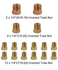 Various inverted flare fittings included in the Quarter Inch Brake Line Kit 25 Ft Upgraded Copper Coated Flexible Brake Line Tube Roll
