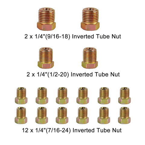 Various inverted flare fittings included in the Quarter Inch Brake Line Kit 25 Ft Upgraded Copper Coated Flexible Brake Line Tube Roll