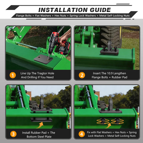 Installation guide for Beefy Workhorse 3/8 Inch Bolt On Tractor Bucket Grab Hook Grade 70 with backer plate and rubber pads
