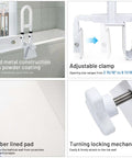 Bathtub Safety Grab Bar For Seniors And Disabled, Heavy Duty Over The Tub Handrail With Locking Clamp, Non Slip Grip, Supports Up To 330 Lbs, Adjustable Height From 19 To 21 Inches, Universal Fit For Most Tubs showing detailed features including solid metal construction, adjustable clamp, rubber lined pad and turning locking mechanism.
