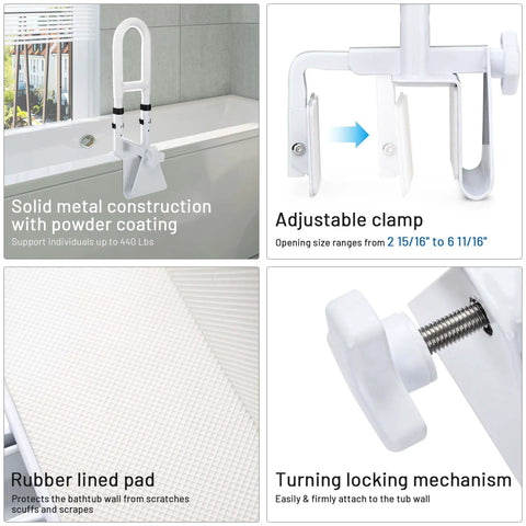 Bathtub Safety Grab Bar For Seniors And Disabled, Heavy Duty Over The Tub Handrail With Locking Clamp, Non Slip Grip, Supports Up To 330 Lbs, Adjustable Height From 19 To 21 Inches, Universal Fit For Most Tubs showing detailed features including solid metal construction, adjustable clamp, rubber lined pad and turning locking mechanism.