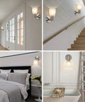 Turn Up The Vibe With This Set Of Two Modern Wall Sconces Brushed Nickel Vanity Lights in various home settings.