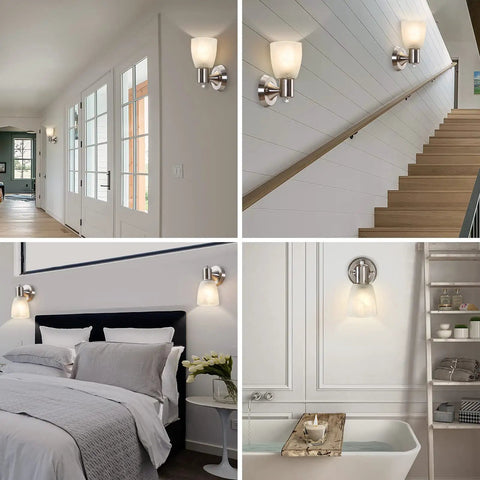 Turn Up The Vibe With This Set Of Two Modern Wall Sconces Brushed Nickel Vanity Lights in various home settings.