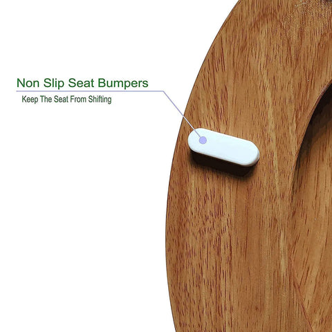Round Toilet Seat With Easy Clean And Change Hinge Rustic Wood Grain Look Durable Molded Wood Fits All Round Bowls 15.3 To 17.1 Inches showing non-slip seat bumpers