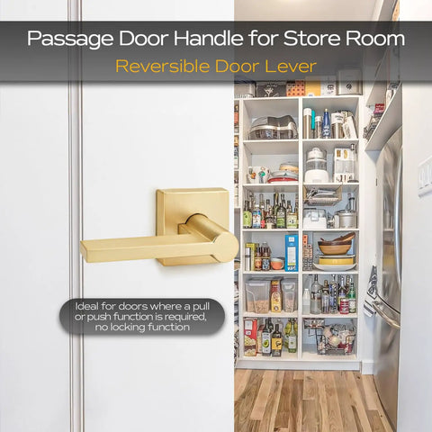 2 Pack Satin Brass Interior Door Knobs and Passage Lever Set in sleek gold finish on pantry door