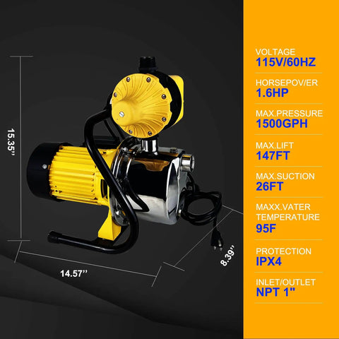 Rock Solid 1HP Water Pressure Booster Pump With Automatic Switch For Whole Home Water Flow And Shallow Well Jobs Featuring Heavy Duty Stainless Steel Build, 1.6HP motor.