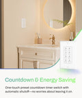 Countdown Digital Wall Timer Switch For Exhaust Fans And Lights, mounted on bathroom wall near mirror and sink