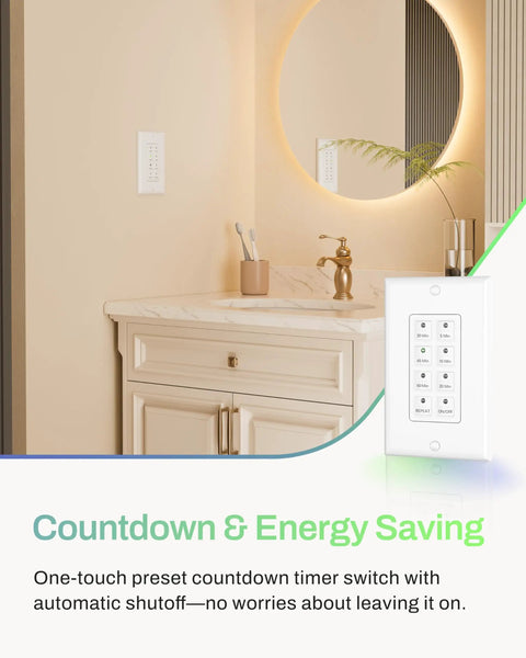 Countdown Digital Wall Timer Switch For Exhaust Fans And Lights, mounted on bathroom wall near mirror and sink