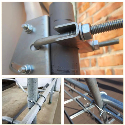 Close-up of 304 stainless steel square U-bolts clamping boat trailer rails. Six Pack Square U Bolts 3/8 Inch Thread, 4 Inch Inner Width, 7 Inch Overall Length.