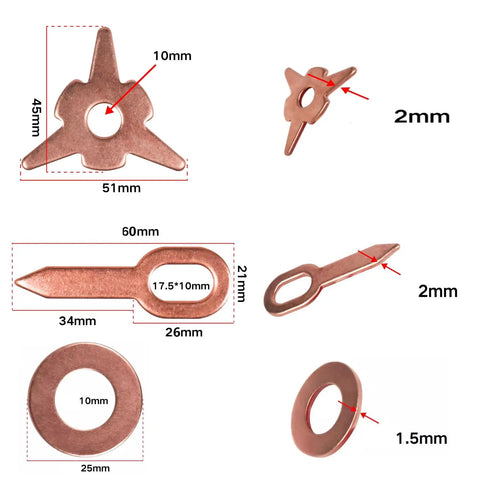 Dent Pulling Rings Set 60Pcs For Car Body Panel Repair And Spot Welding Machines showing triangle and round shapes, measurements visible.
