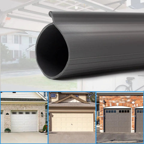 Gray P-Bulb Bottom Weather Seal For Overhead Garage Doors Fits 16 Feet 4 Inches Models, shown with various closed garage doors.