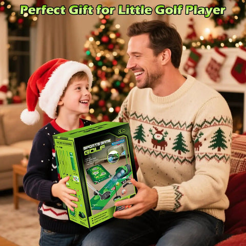 Father and son smiling with 3 In 1 Kids Golf Set With Dinosaur Automatic Returner, perfect holiday gift