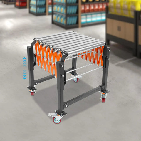 Foldable Adjustable Conveyor Roller Table for the shop floor extends from 17 to 51 inches and adjusts height 26.8 to 28.8 inches
