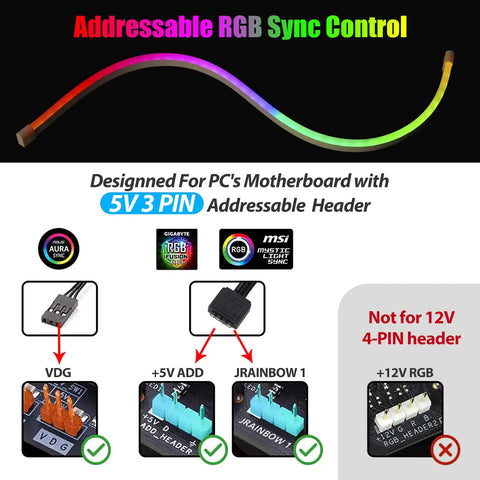 Lit ARGB PC Light Strips For 5V 3 Pin Headers, featuring compatible and incompatible motherboard connectors