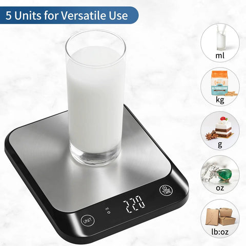 22 Pound Digital Kitchen Scale With 0.1 Ounce And 1 Gram Precision For Cooking And Baking, glass of milk on scale, LED display.