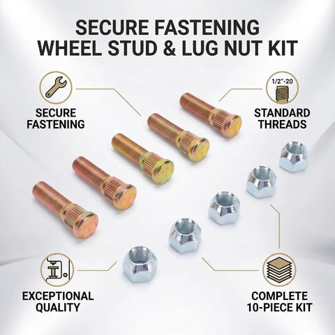 Hot Rodding Complete Wheel Studs Kit For 5 Lug Cars featuring 1/2 In-20 Thread, Fits Trailer Hubs With Heavy Duty Lug Nuts And Bolts For Ultimate Grip. 10-piece wheel stud and lug nut kit, 1/2-20 steel studs