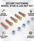 Upgrade Your Ride With Heavy Duty 1/2 Inch 20 Fine Thread Wheel Studs And Lug Nuts Kit For Most Cars Ensuring Secure Fastening And Superior Grip That Keeps Your Wheels Locked Down Tight So You Can Cruise With Total Confidence Without Worrying About. 5 studs and lug nuts on white background