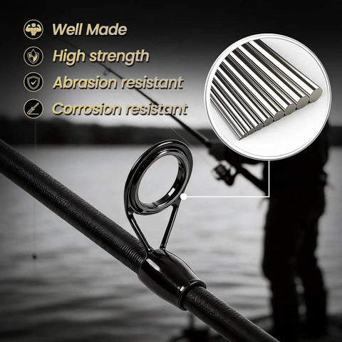 Complete 3-In-1 Fishing Rod Tip Repair Kit Loaded With Pro Gear To Restore Broken Tips And Refit Split Guides Fast So You Can Keep Tight Lines No Sweat Ever, showing a high-strength ceramic guide on fishing rod.