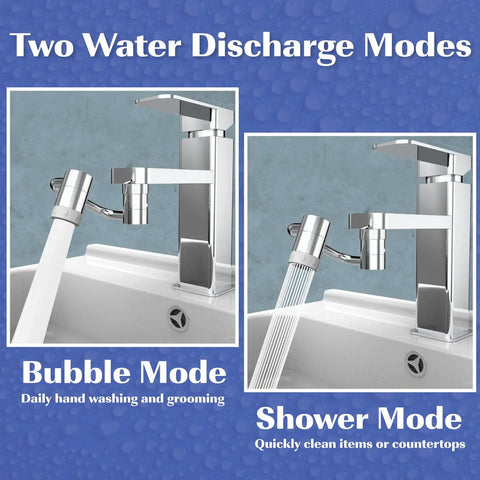 1080 Degree Swivel Robotic Arm Faucet Aerator Extension Attachment in bubble and shower modes over sink