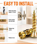6x14mm Short Expansion Screw Set For Cabinet Hinge Repair And Drywall, Heavy Duty Anchors And Screws Kit, Hollow Door Wall Anchors For Stripped Thread Fix, 100 Pieces, Easy Install And Secure Hold, Durable And Long Lasting. Gold metal expansion anchor with screw on wood
