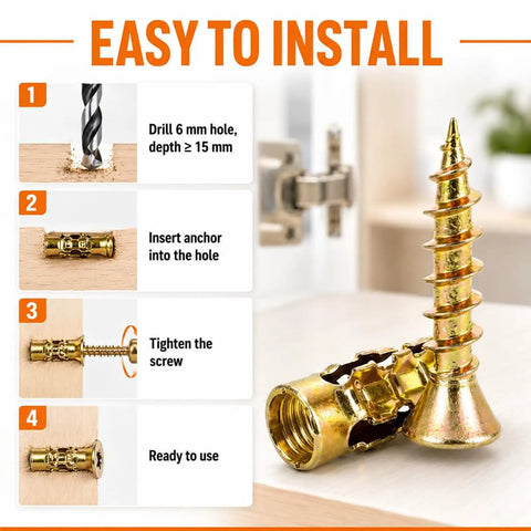 6x14mm Short Expansion Screw Set For Cabinet Hinge Repair And Drywall, Heavy Duty Anchors And Screws Kit, Hollow Door Wall Anchors For Stripped Thread Fix, 100 Pieces, Easy Install And Secure Hold, Durable And Long Lasting. Gold metal expansion anchor with screw on wood