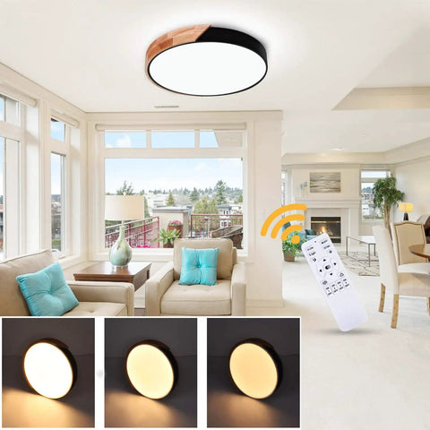 Dimmable 15 Inch Round LED Ceiling Light With Remote Control, Sleek Modern Minimalist Flush Mount in living room