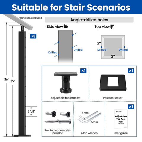 Black Beefy Stair Cable Railing Post 36 Inch For 25 To 35 Degree Stairs 36 By 2 By 2 Inch Surface Mount T304 Stainless Steel Cable Railing System Kit For Indoor Outdoor Use With Paper User Guide PS01 BA4S, includes side and top views with adjustable top bracket, post foot cover, screws, and Allen wrenches.