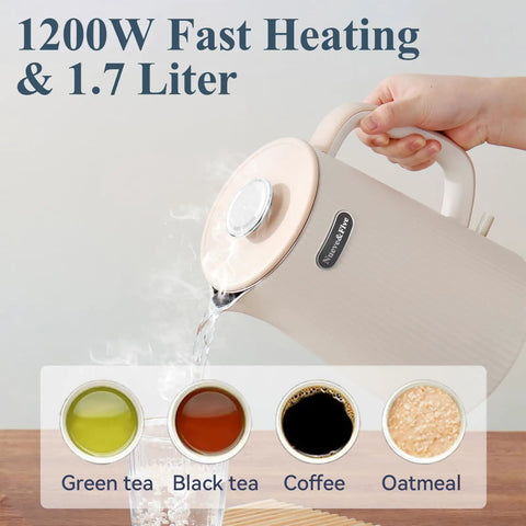 Big 1.7L Electric Kettle For Tea And Coffee Lovers, 1200W Fast Boil With Auto Shut Off, Cream White Kettle Pouring Water