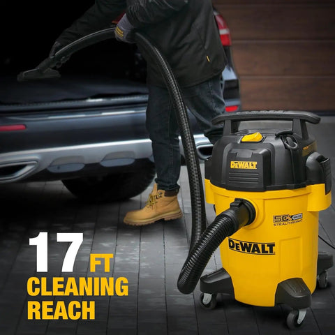 Pro Grade Stealthsonic 6 Gallon Wet Dry Shop Vacuum Ultra Quiet 4 Peak HP in use on a jobsite with 17 ft cleaning reach