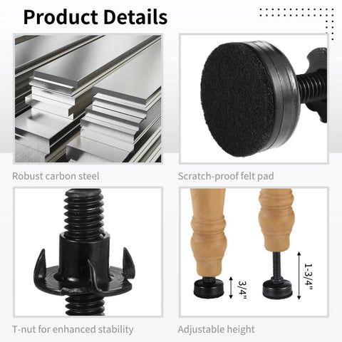 Product details of 20 Sets Adjustable Furniture Leg Levelers with 3 8 16 Threaded Feet Felt Pads and T Nuts for bar stools and cabinets.