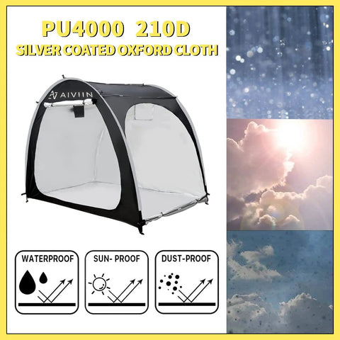 Heavy Duty Bike Tent Shed For Outdoor Storage, Extra Thick 210D Oxford, Waterproof, Sunproof, Black tent with weather icons
