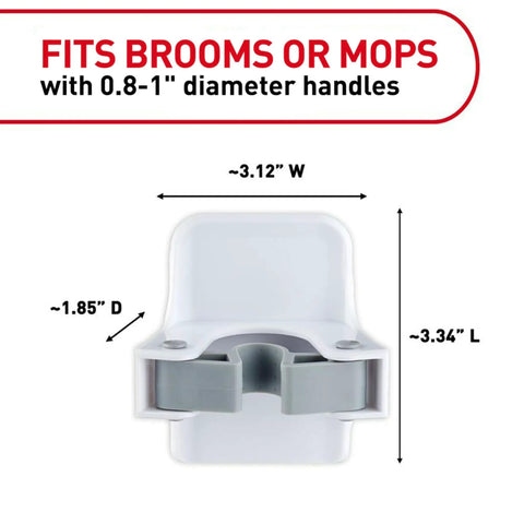 Front view of Damage Free Broom and Mop Holder Wall Mount with Three Grippers and Six Adhesive Strips, dimensions indicated.