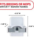 Stick On Broom And Mop Holder Wall Mount Kit dimensions diagram with fittings for 0.8-1 inch handles.