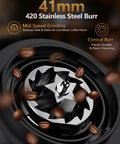No Fuss Portable Rechargeable Conical Burr Coffee Grinder With 60 Precision Settings And Usb C Quick Charge Battery Powered Espresso Grinder With Bellows Hopper For Straight Up Fresh Cup Joy, close-up of 41mm stainless steel burr.