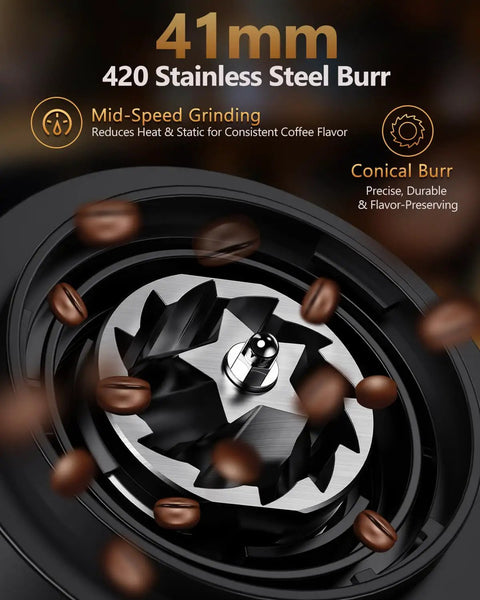 No Fuss Portable Rechargeable Conical Burr Coffee Grinder With 60 Precision Settings And Usb C Quick Charge Battery Powered Espresso Grinder With Bellows Hopper For Straight Up Fresh Cup Joy, close-up of 41mm stainless steel burr.