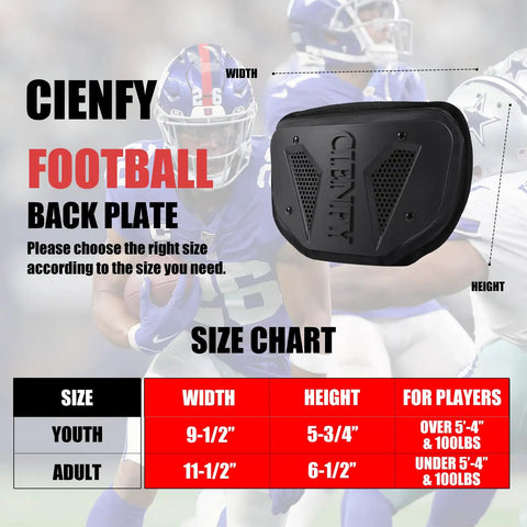 High Impact Football Back Plate For Shoulder Pads Universal Youth And Adult Protection with size chart and player background