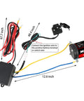 12V 3000Lbs Steel Wire Winch wiring harness with measurements, showing battery connections and components for ATV UTV off-road towing
