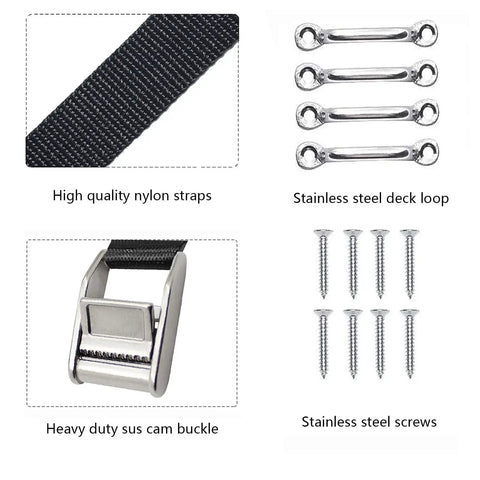 Beefy Heavy Duty Stainless Steel Tie Down Kit For Coolers And Fuel Tanks, 6.5 Feet Cam Buckle Straps With Deck Loops, Stainless Brackets And Screws, 2 Pack For YETI RTIC RV And Marine Gear
