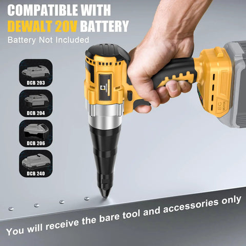 Experience Total Cordless Freedom With This Brushless Electric Rivet Gun Compatible With DeWalt 20V Battery in use on metal sheet
